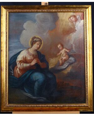 Olio su tela italiano del 1700 raffigurante "Adorazione" Madonna con Gesù