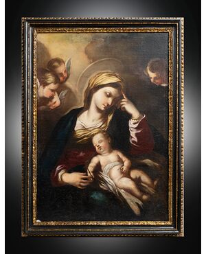 Dipinto antico olio su tela raffigurante Madonna col Bambino attribuito a Francesco Solimena. Napoli XVIII secolo.