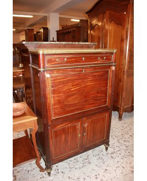 Secretaire Luigi XVI in Legno di Mogano Con Piano In Marmo Bianco