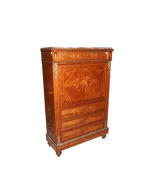 Secretaire francese stile Luigi XVI in legno di bois de rose del 1800 con marmo e intarsi