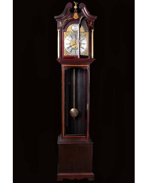 Orologio a colonna inglese del 1800 in mogano intarsiato quadrante firmato J.R. OGDEN Harrogate Vittoriano 