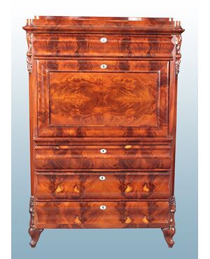 Secretaire Nord Europa del 1800 stile Biedermeier in mogano e piuma di mogano