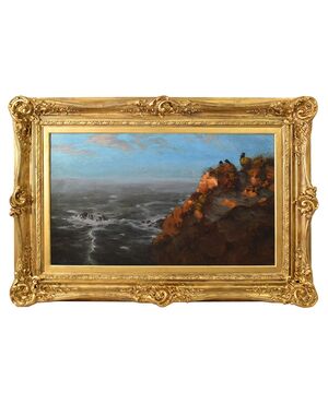 QUADRI ANTICHI, GRANDE MARINA CON CORVI E SCOGLIO, OLIO SU TELA, INIZIO XX SECOLO. (QM606)