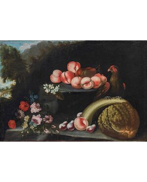 Felice Rubbiani (Modena, 1677 - San Pancrazio di Freto, 1752), attr., Natura morta con pappagallo, frutta e fiori