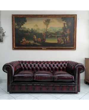 Divano 3 posti chesterfield capitonnè in pelle bordeaux 