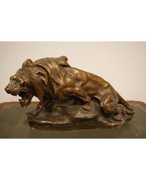 Antica scultura in terracotta di Thomas François Cartier Lion en furie "Leone"