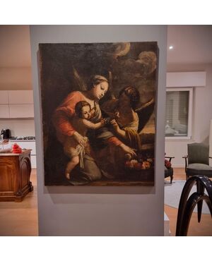 Olio su tela Madonna con Bambino e Arcangelo del 600 scuola Bolognese