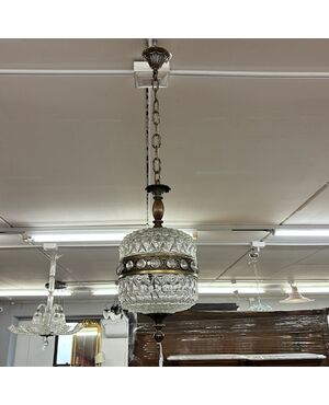 l.ampadario chandelier a sospensione anni 60 , in vetro e ottone . 