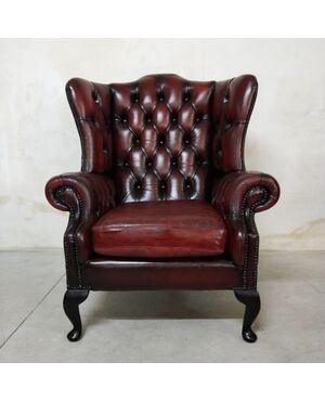 Poltrona inglese chesterfield modello bergere originale vintage in pelle rosso bordeaux anticato 