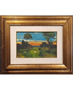 "CACCIATORE AL TRAMONTO " - OLIO SU TAVOLETTA - RENATO NATALI (1883 - 1979)