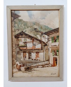 Quadro acquarello su carta " Baite Valtellinesi" - Alta Valtellina - datato 1951