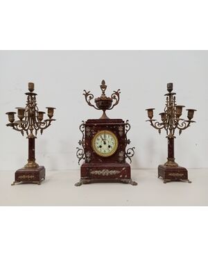 Orologio trittico in marmo rosso - fine '800- parigina - sveglia con candelabri