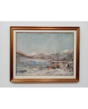 Quadro - Dipinto paesaggio montano innevato- autore Francesco Carini - 1950 ca