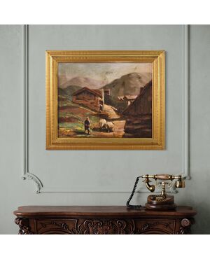 Signed painting landscape with shepherd from the 20th century