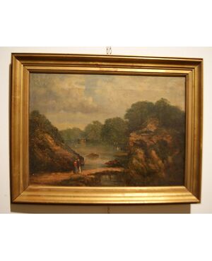 Antico quadro del 1800 olio su tela paesaggio campestre con personaggi e corso d'acqua