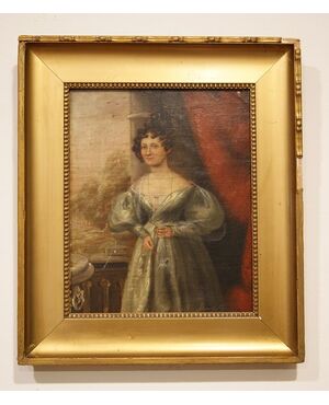 Antico quadro inglese del 1800 olio su tavola Inglese "Donna in abito elegante"