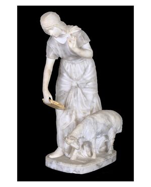 Antica scultura francese in marmo e alabastro del 1800 raffigurante un soggetto femminile "Dama"