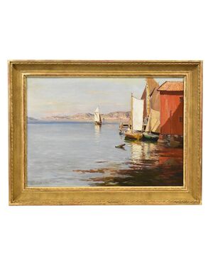 DIPINTI ANTICHI DI MARINE, PAESAGGIO MARINA, SVEZIA, OLIO SU TELA, XIX SECOLO. (QM611)   
