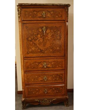 Antico secretaire francese del 1800 stile Napoleone III riccamente intarsiato, marmo e bronzi