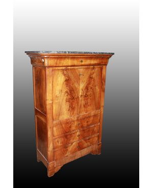 Secretaire francese stile Impero del 1800 in piuma di mogano con piano in marmo nero