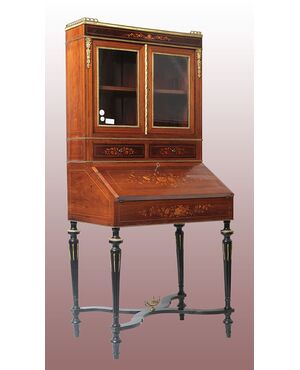 Antico cabinet francese del 1800 stile Luigi XVI con ribaltina e alzatina a vetrina 