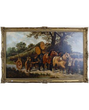 Antico grande quadro del 1800 olio su tela carro trainato da cavalli