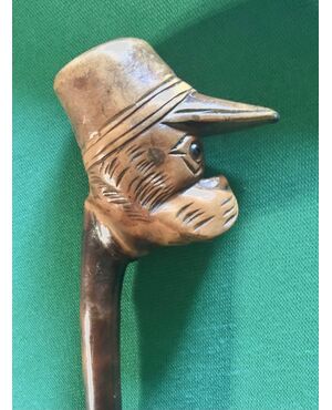 One-piece boxwood walking stick with dog head with hat.     