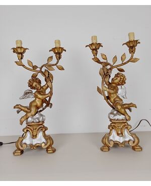 Coppia lampade con putti/angeli in legno dorato e argentato-candelieri-primi 900