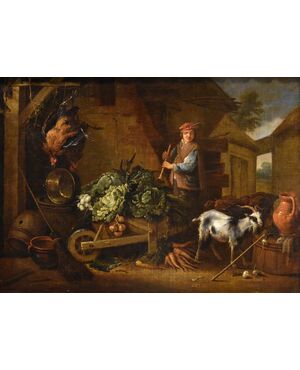 Cortile con natura morta di animali e frutta, Adriaen de Gryef (Leida 1657 - Bruxelles 1722) Firmato 'A Gryeff f’(ecit) - al centro sulla sinistra