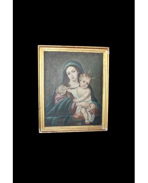 Olio su tela Spagnolo di inizio 1800 Raffigurante Madonna con Bambino Gesù