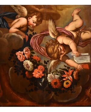 Coppia di angeli con festone floreale, Carlo Maratta (Camerano, 1625 - Roma, 1713) Bottega di 