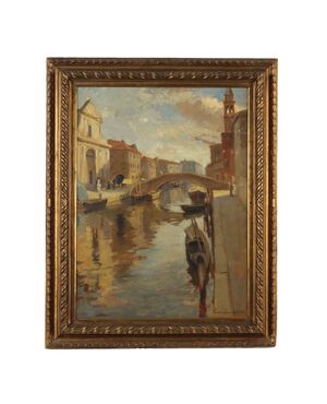 Dipinto di Emil Lindenfeld - Barche sul Canale