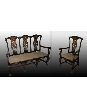 Salotto 2 poltrone con 1 divano di inizio 1800 stile Chippendale Spagnolo dorato 