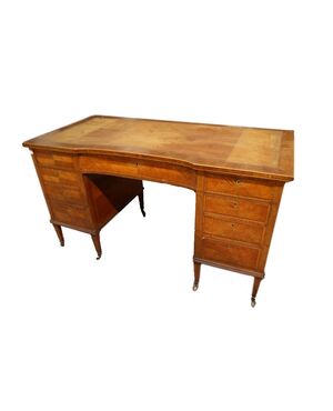 Scrivania Inglese Vittoriana di metà 1800 in citron wood con piano in pelle 