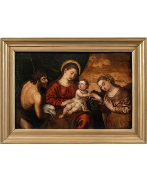 Polidoro da Lanciano (Lanciano 1515 ca. - Venezia 1565) bottega di - Madonna col Bambino e i SS. Giovanni Battista e Caterina.