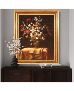 Antique Italian painting from the 17th century, still life with flower vase