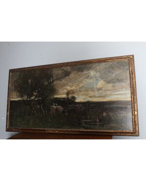 Antico Grande dipinto olio su tela Broks 1891 . Mis 182 x92 paesaggio con Mucche inglese