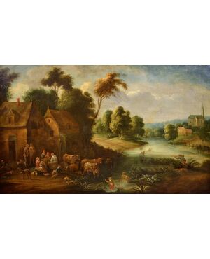 Paesaggio fluviale con scena di vita popolare, Adrien Frans Boudewijns (Bruxelles 1644-1711) e Pieter Bout (Bruxelles 1658-1719)