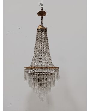 Lampadario in ottone con gocce in vetro stile Impero a mongolfiera - primi '900