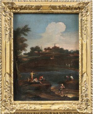 Pittore veneziano (XVIII sec.) - Paesaggio fluviale con personaggi.