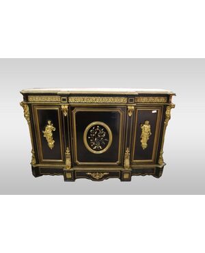 Antica servante stile Boulle francese del 1800 con ricche applicazioni in bronzo e pietre dure