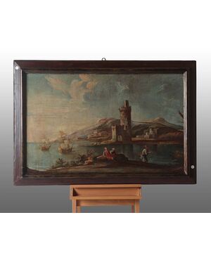 Olio su tela "Paesaggio Ligure" italiano del 1700 con cornice antica