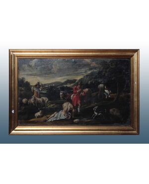 Antico quadro italiano del 1600 olio su tela paesaggio bucolico con animali e personaggi