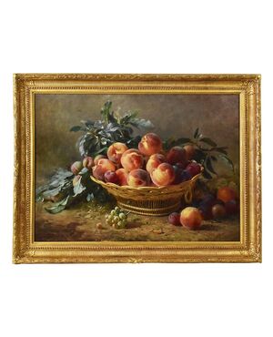 DIPINTI ANTICHI, NATURA MORTA  CON FRUTTA, CESTO DI  PESCHE E PRUGNE, OLIO SU TELA, XIX SECOLO. (QNM590)