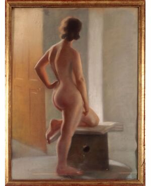 Pastello su cartone nudo femminile di inizio 1900 con cornice dorata