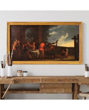 Italian painting Bamboccianti genre scene from the 17th century