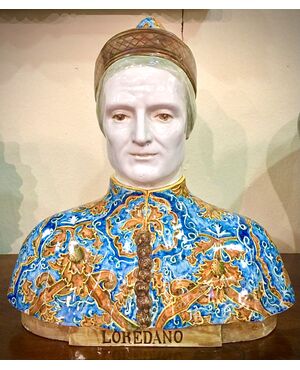 Bust in polychrome majolica with a Renaissance male figure &#39;Loredano&#39;. Angelo Minghetti manufacture, Bologna.     