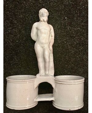Majolica oil cruet with Farnese Hercules shaped outlet.Sassuolo manufacture.     