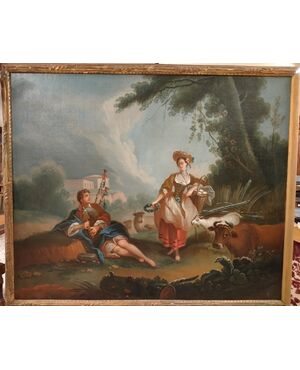 Olio su tela francese del 1700 coppia di personaggi innamorati