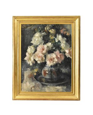 QUADRI ANTICHI, NATURA MORTA CON FIORI DI ROSE, OLIO SU TELA, ART DECO, XX SECOLO. (QF614)